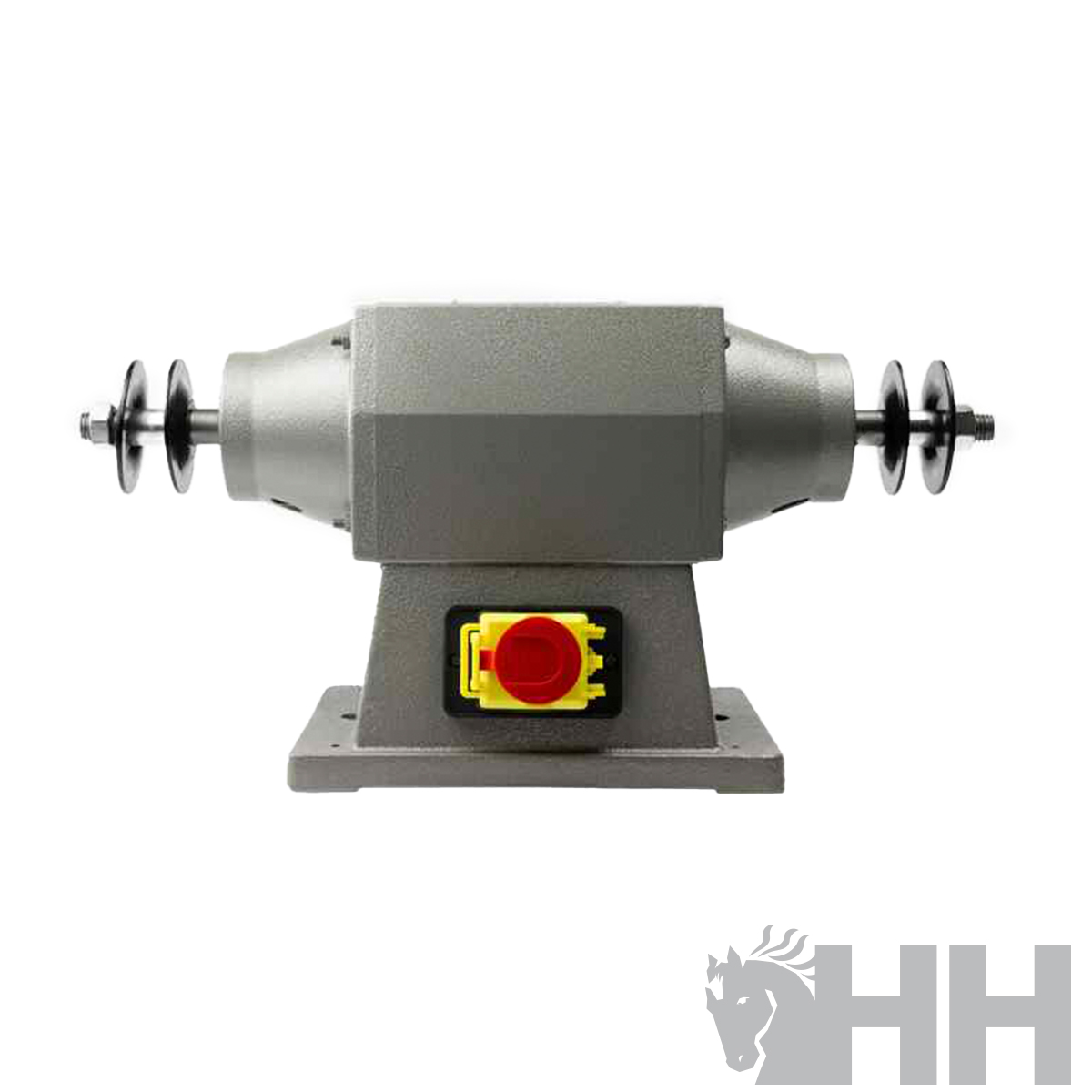 Máquina de bancada para afiação cinzenta com botão vermelho e amarelo