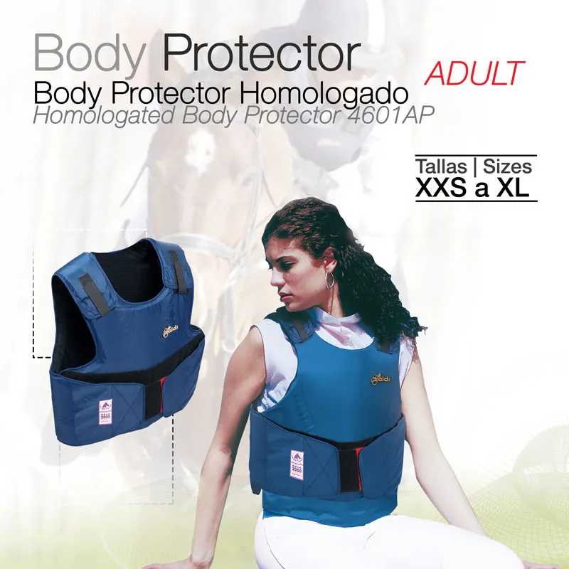 Protector corporal azul para adultos com tamanhos XXS a XL e texto informativo