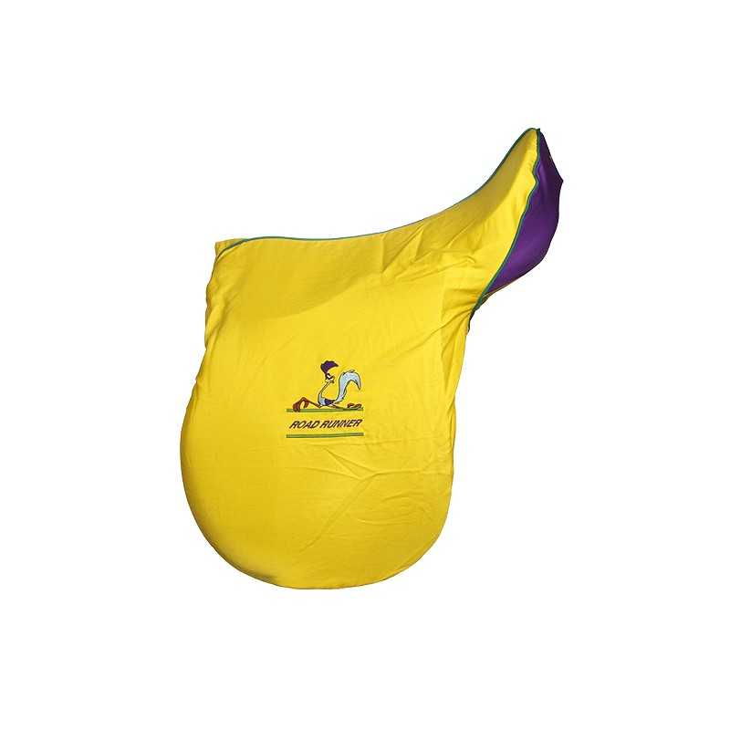 Sela de equitação com capa protetora amarela e roxa com logotipo IMPAD HORSE