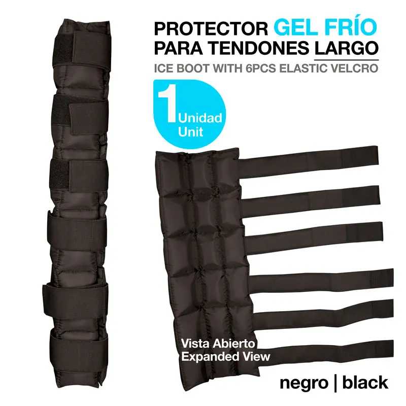 Protetor gel frio preto para tendões com seis tiras de velcro elásticas