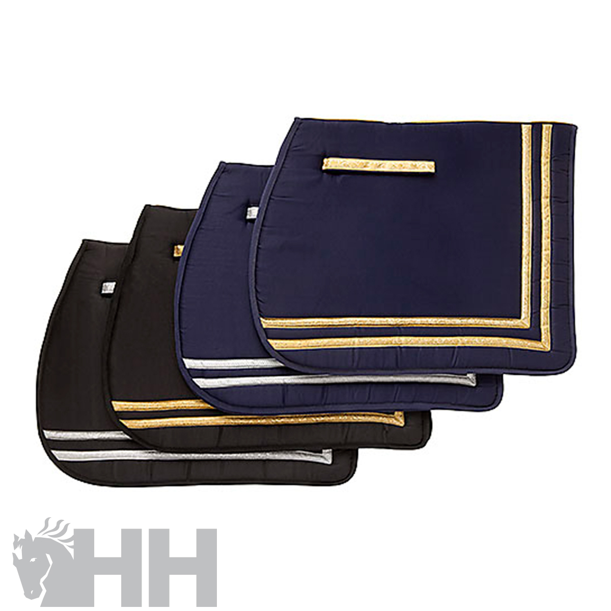 Mantas para sela de cavalo em preto e azul marinho com faixas douradas e prateadas