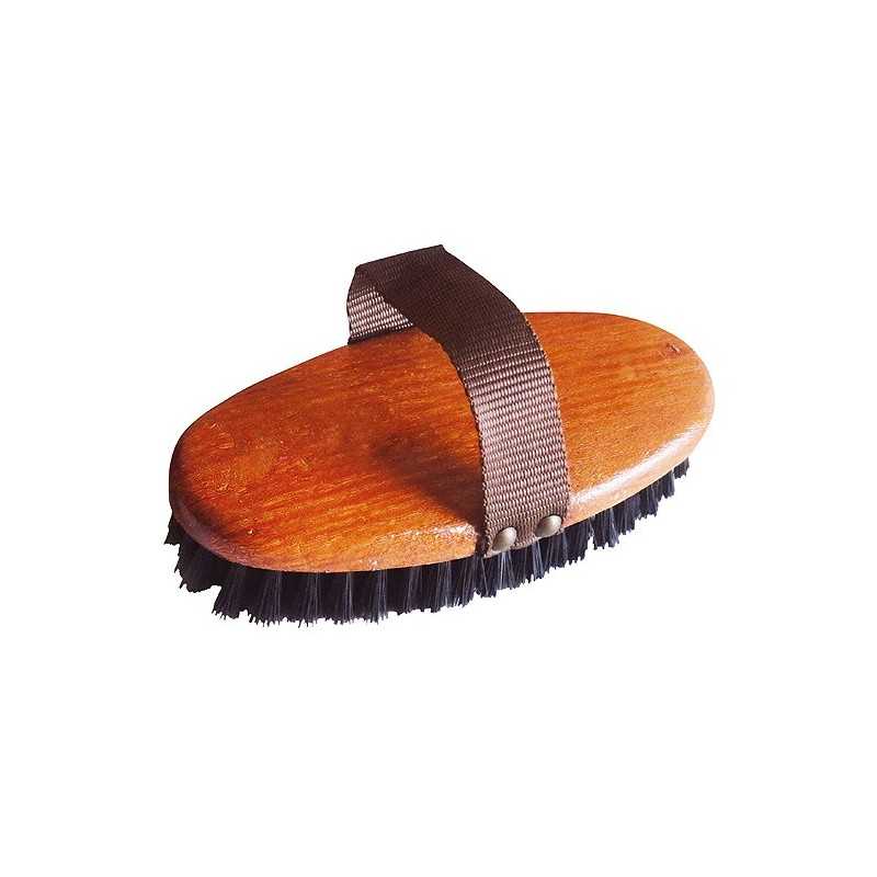 Escova oval de madeira com cerdas pretas e alça castanha