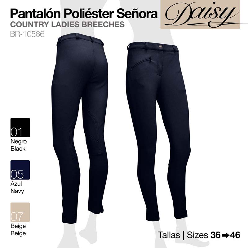 Calças de senhora tipo breeches em três cores, com fecho e bolsos, da marca Daisy.