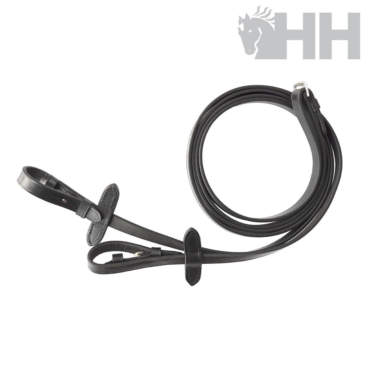 Rédea equestre em couro preto com fivela metálica prateada e logotipo HH cinzento