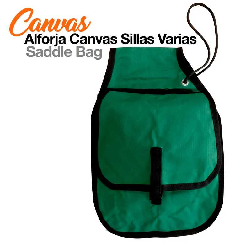 Saco de sela verde em tecido canvas com bordas pretas e fecho preto.