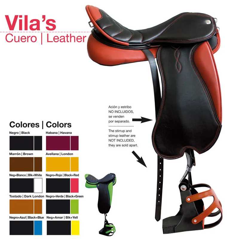 Sela de equitação em couro preto, castanho e vermelho com alças e detalhes, com texto 'Vila's Cuero | Leather' e tabela de cores