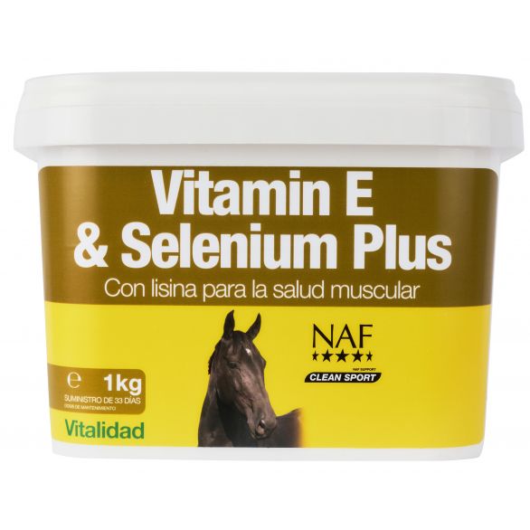 Suplemento alimentar Vitamin E & Selenium Plus para cavalos com embalagem branca e amarela
