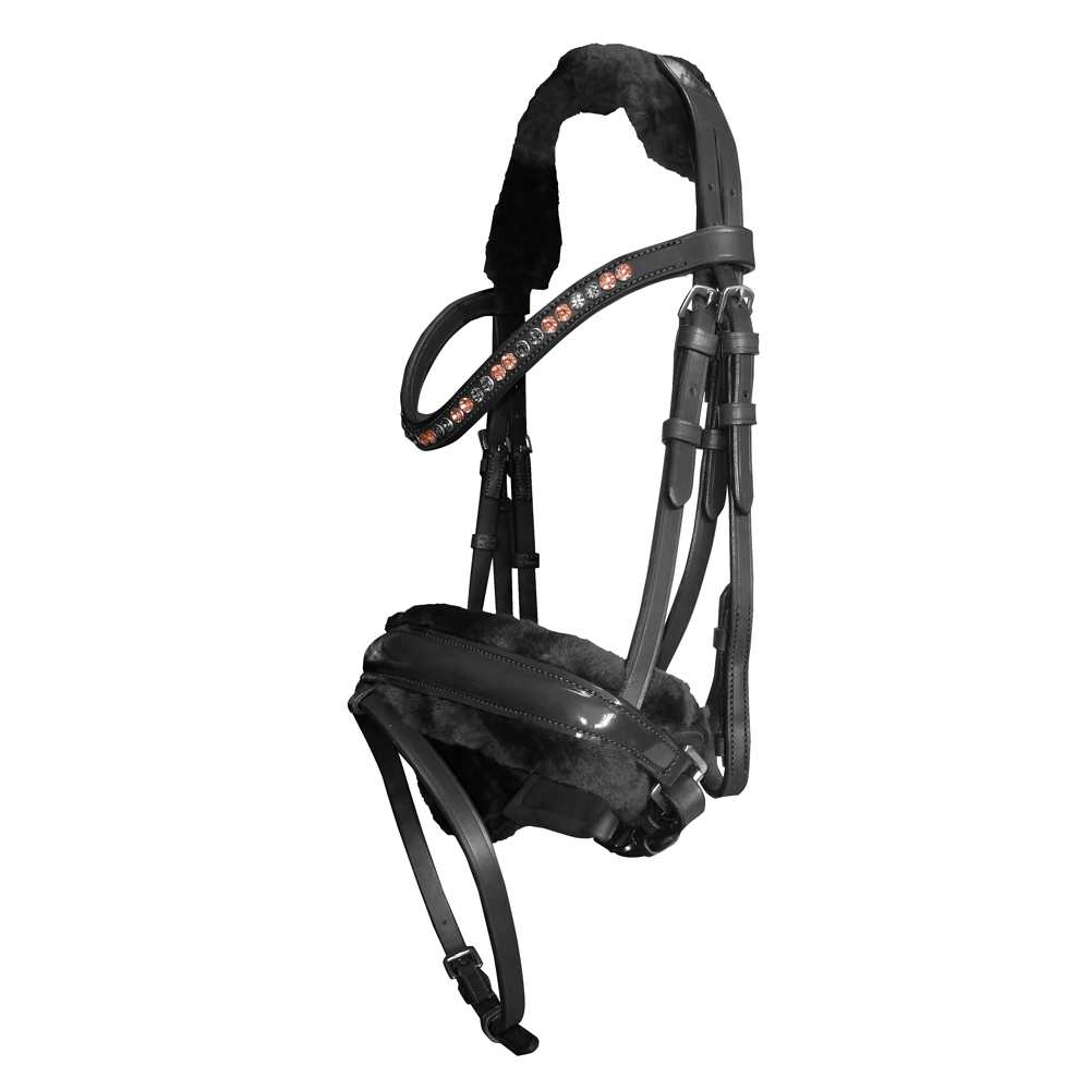 Cabresto para cavalo em pele preta com peluche preto e cristais rosas