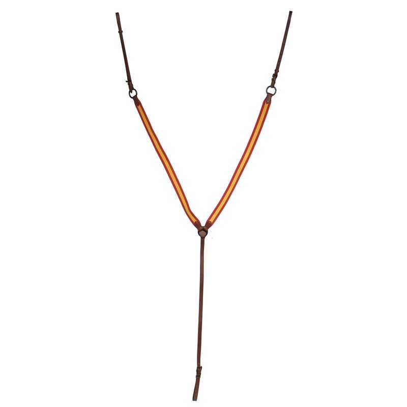 Suspensão em tecido laranja e castanho com nós e argolas metálicas