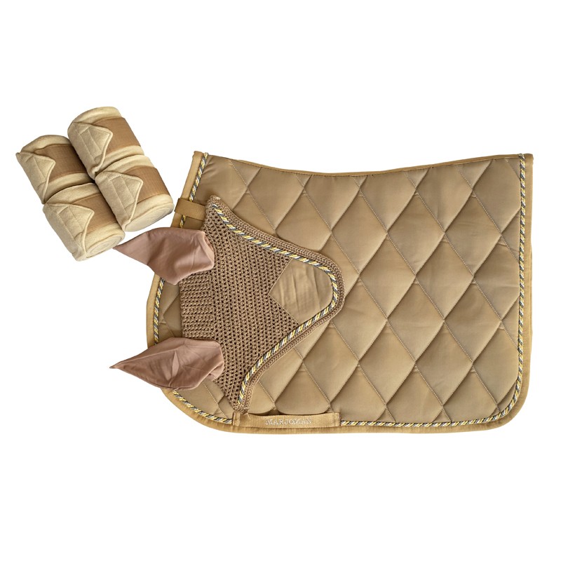 Conjunto de manta acolchoada, bandagens e touca de orelhas para cavalo, cor bege claro