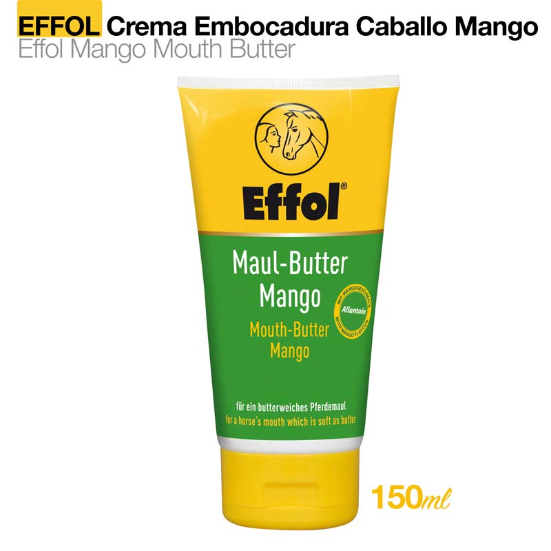 Frasco amarelo e verde de creme Effol Maul-Butter Mango para cavalo