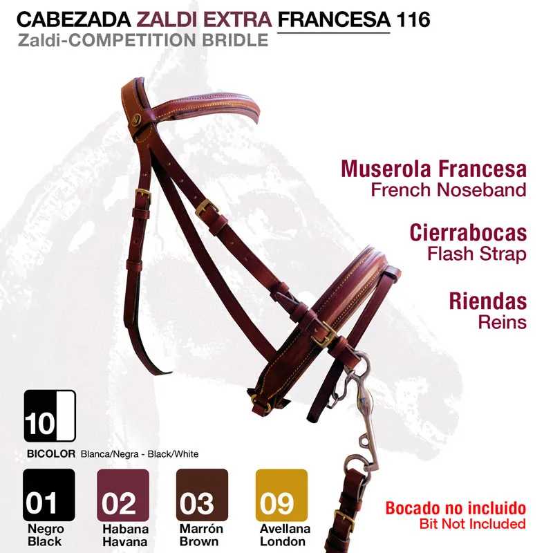 Cabeçada Zaldi Extra Francesa 116 em couro bicolor com muserola, riendas e cierrabocas