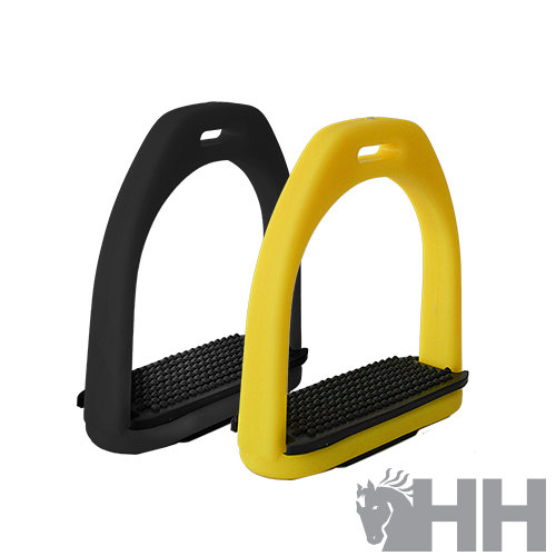 Dois estribos de equitação amarelo e preto com bases texturizadas pretas