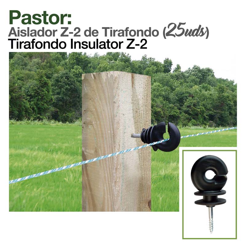 Isolador de tirafondo preto em poste de madeira com cabo azul e branco num campo verde