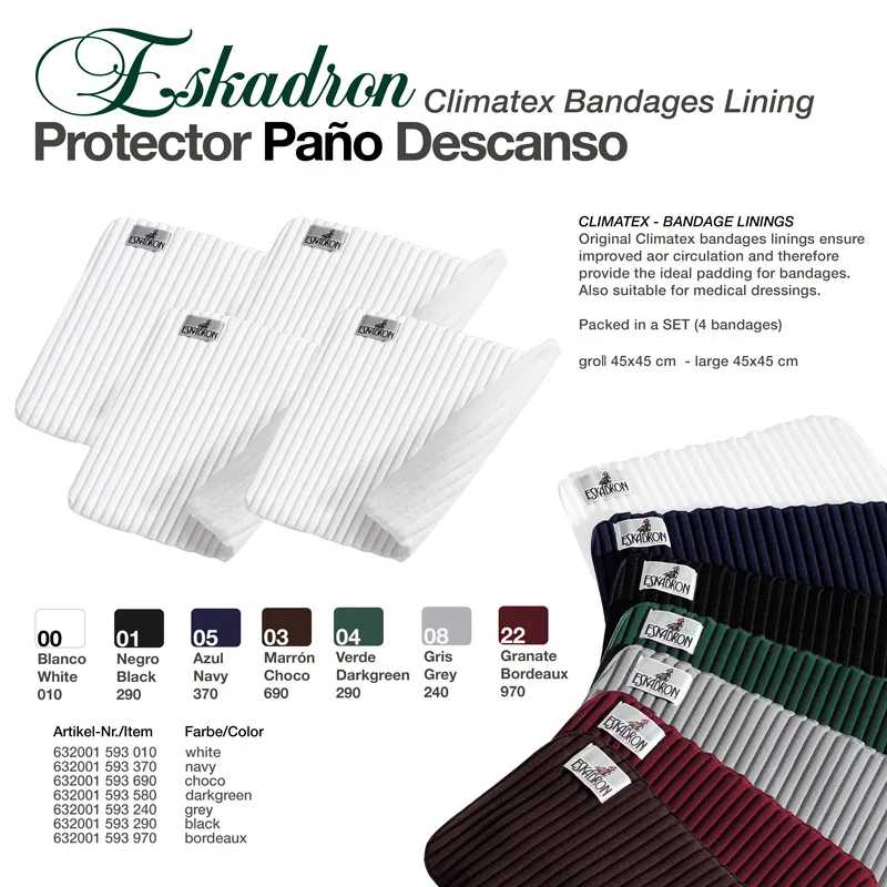 Conjunto de bandagens e faixas de diferentes cores da marca Eskadron com etiquetas visíveis