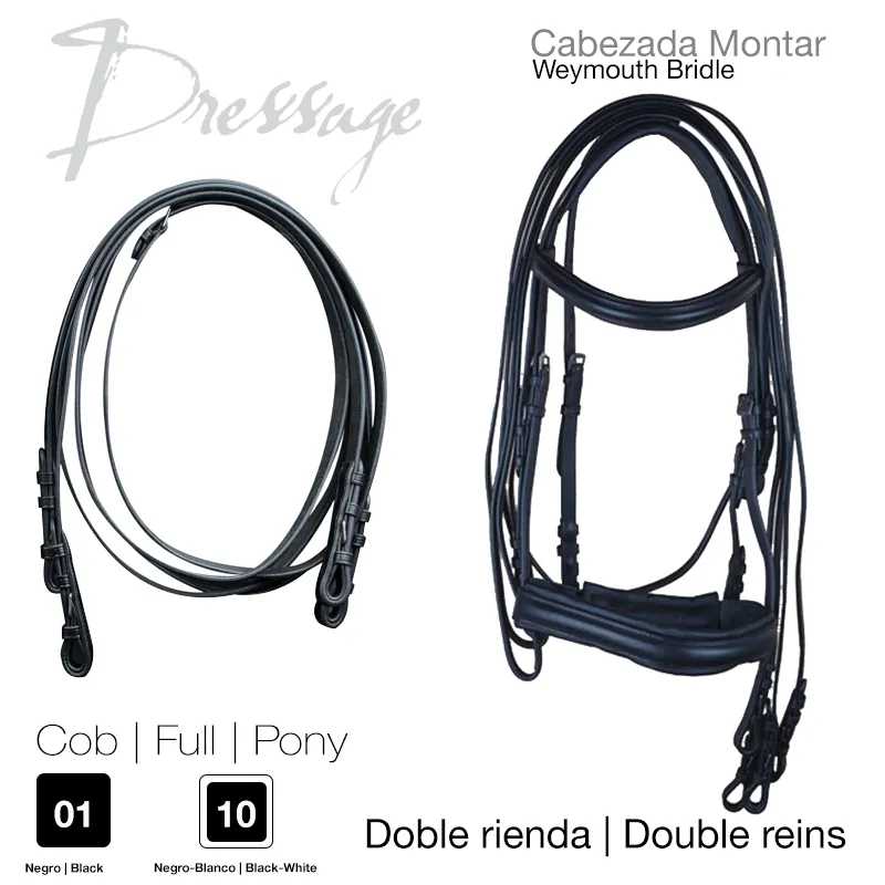 Equipamento equestre de couro preto incluindo rédea dupla e cabezada Weymouth Bridle para dressage