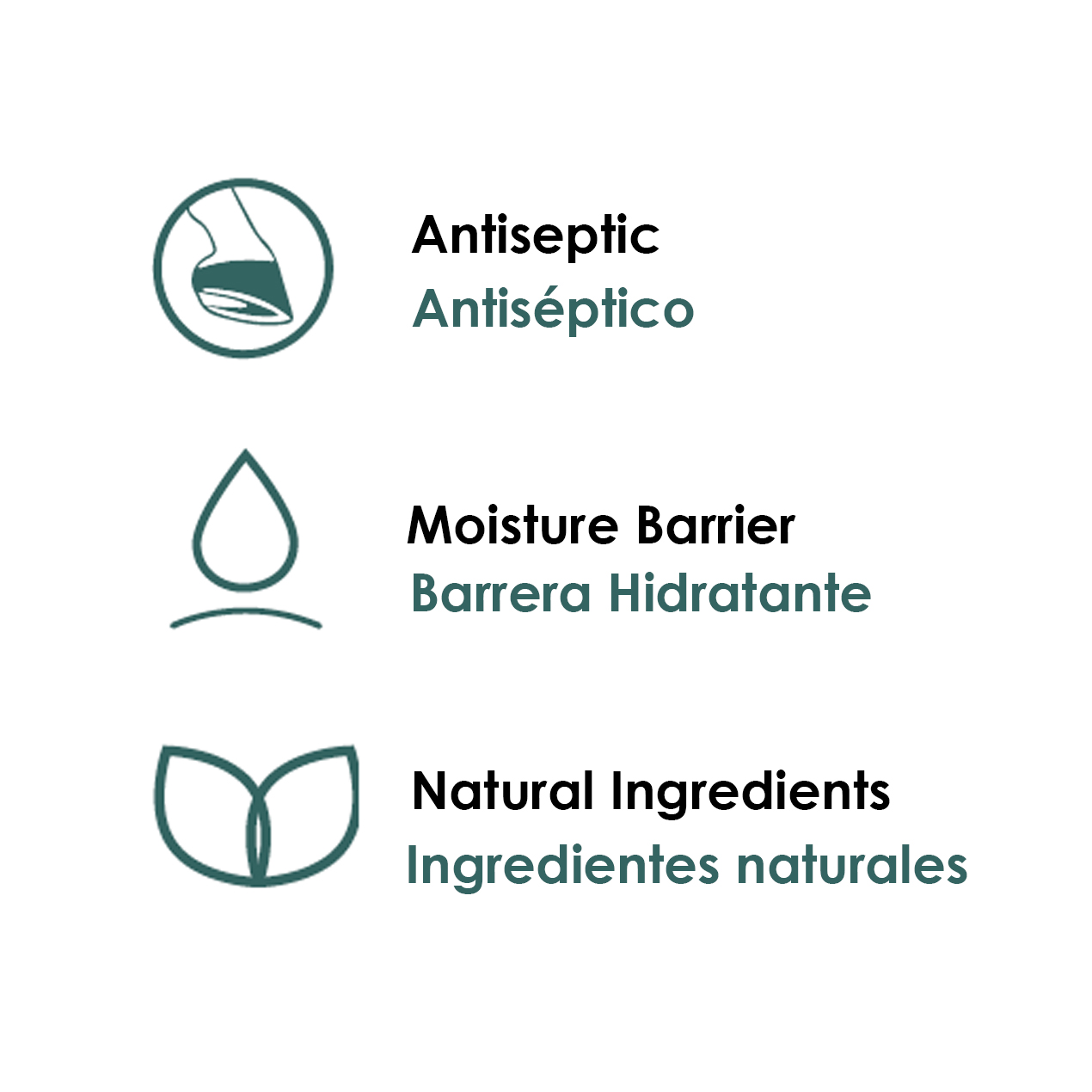 Ícones e texto bilíngue sobre propriedades de um produto, incluindo antiséptico, barreira hidratante e ingredientes naturais.