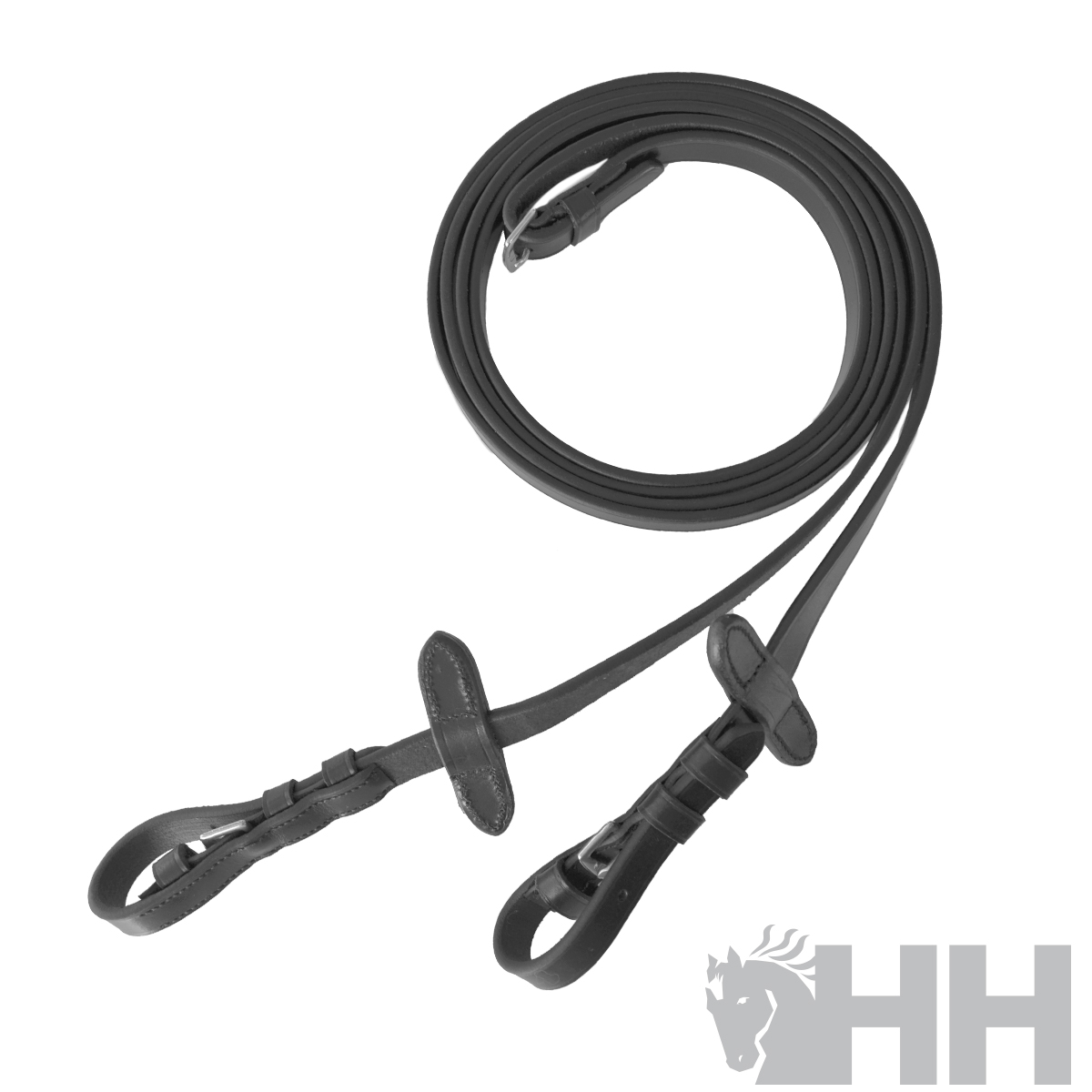 Rédeas pretas para cavalo em fundo branco com logótipo HH cinzento