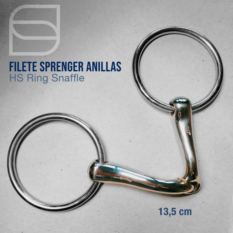 Bridão metálico HS Ring Snaffle com anilhas e texto visível