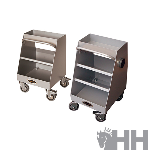 Dois carrinhos metálicos cinzentos com prateleiras e rodas