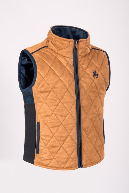 Colete acolchoado castanho com detalhes azuis e fecho de correr