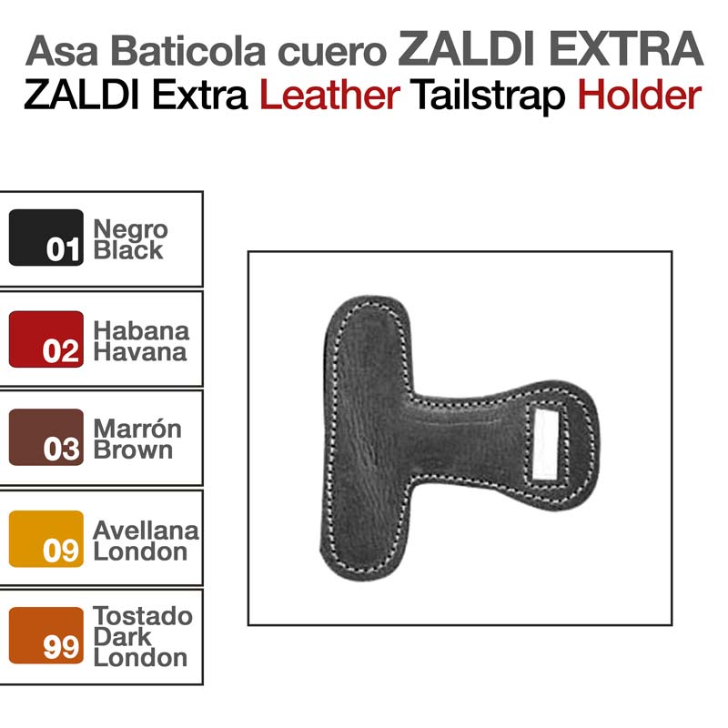 Suporte de couro preto para cauda com costuras brancas, várias opções de cores listadas ao lado.
