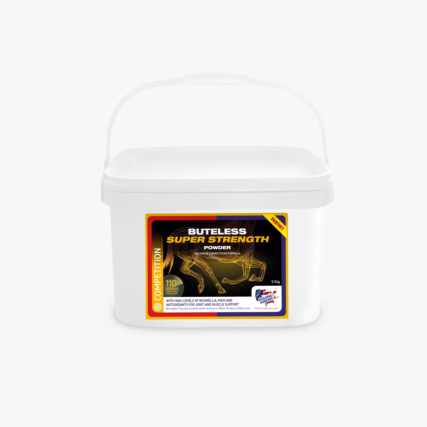Recipiente branco de suplemento em pó para cavalos Buteless Super Strength.