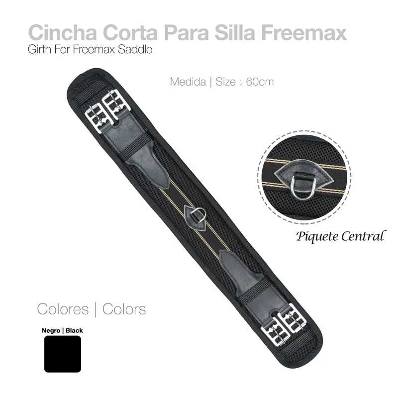 Cincha preta para sela Freemax com fivelas metálicas e anel central