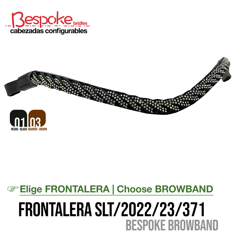 Faixa frontal preta para cabeçada com cristais e texto promocional em fundo branco