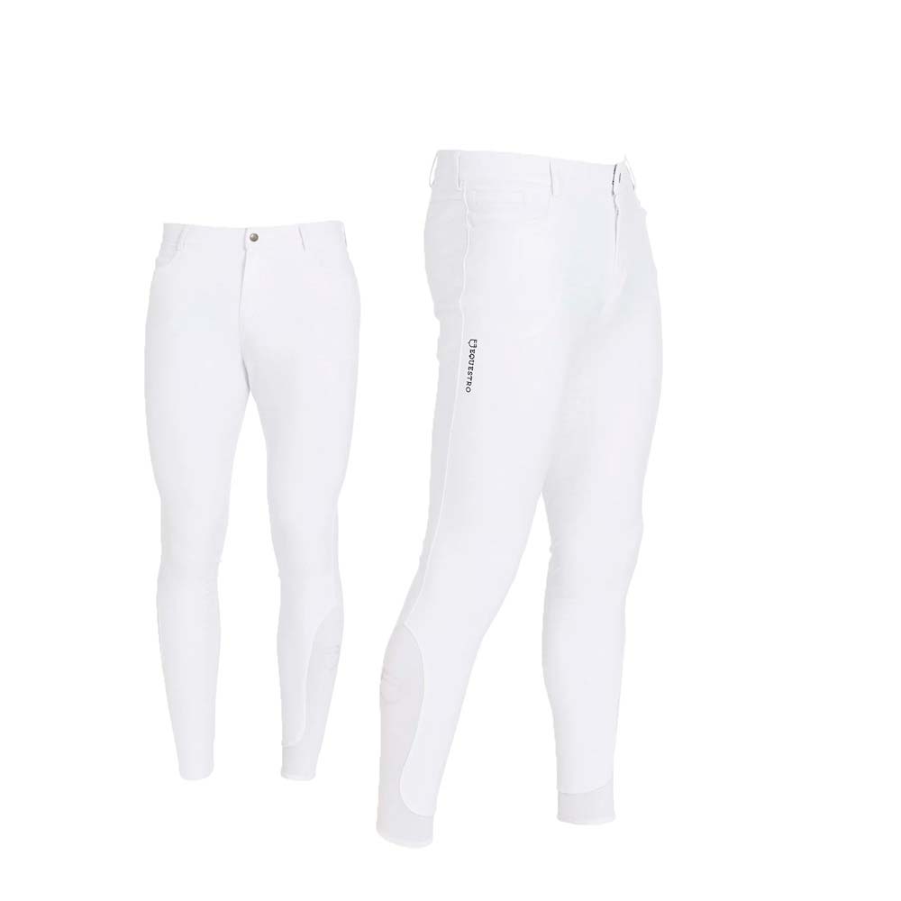 Calças brancas de equitação com fecho, botão, bolsos e reforço na parte inferior interna.