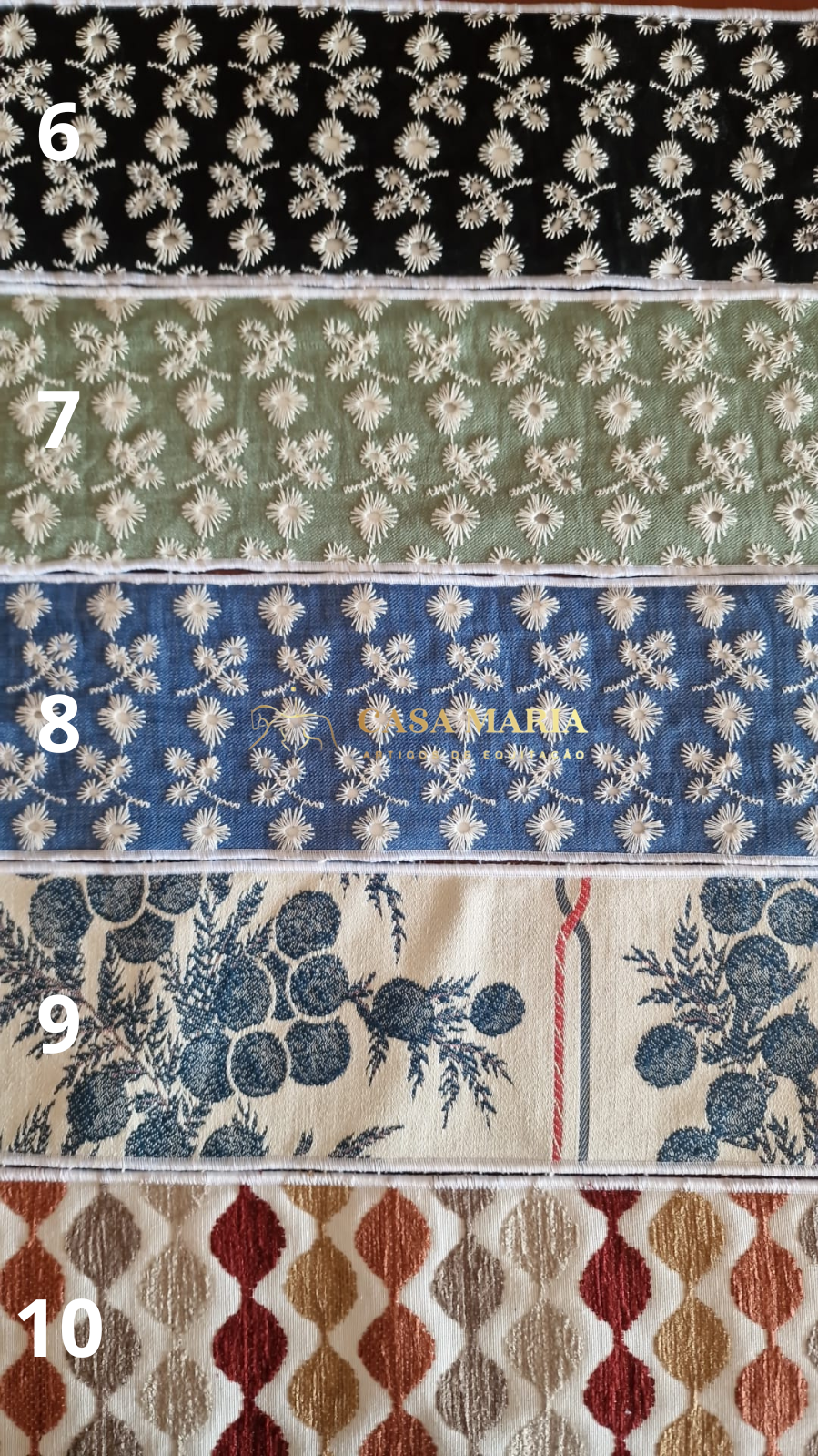 tecidos com padrões florais e geométricos numerados de 6 a 10