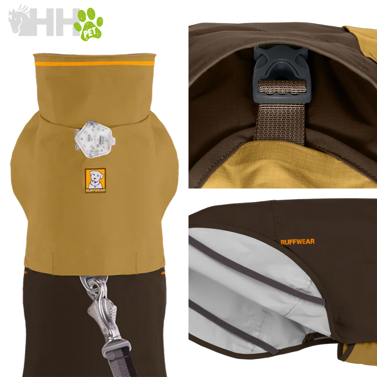 Casaco amarelo para cães com capuz, fecho ajustável e detalhes marrons, refletor cinza e logótipo da RUFFWEAR
