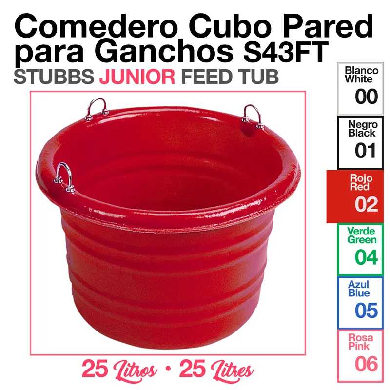 Comedero cubo de parede vermelho com ganchos metálicos para fixação e capacidade de 25 litros