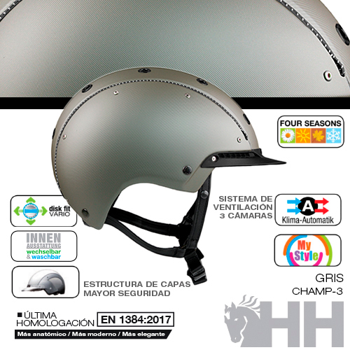 Capacete de moto cinza fosco com viseira curta e tiras pretas, com ícones e textos técnicos ao redor.