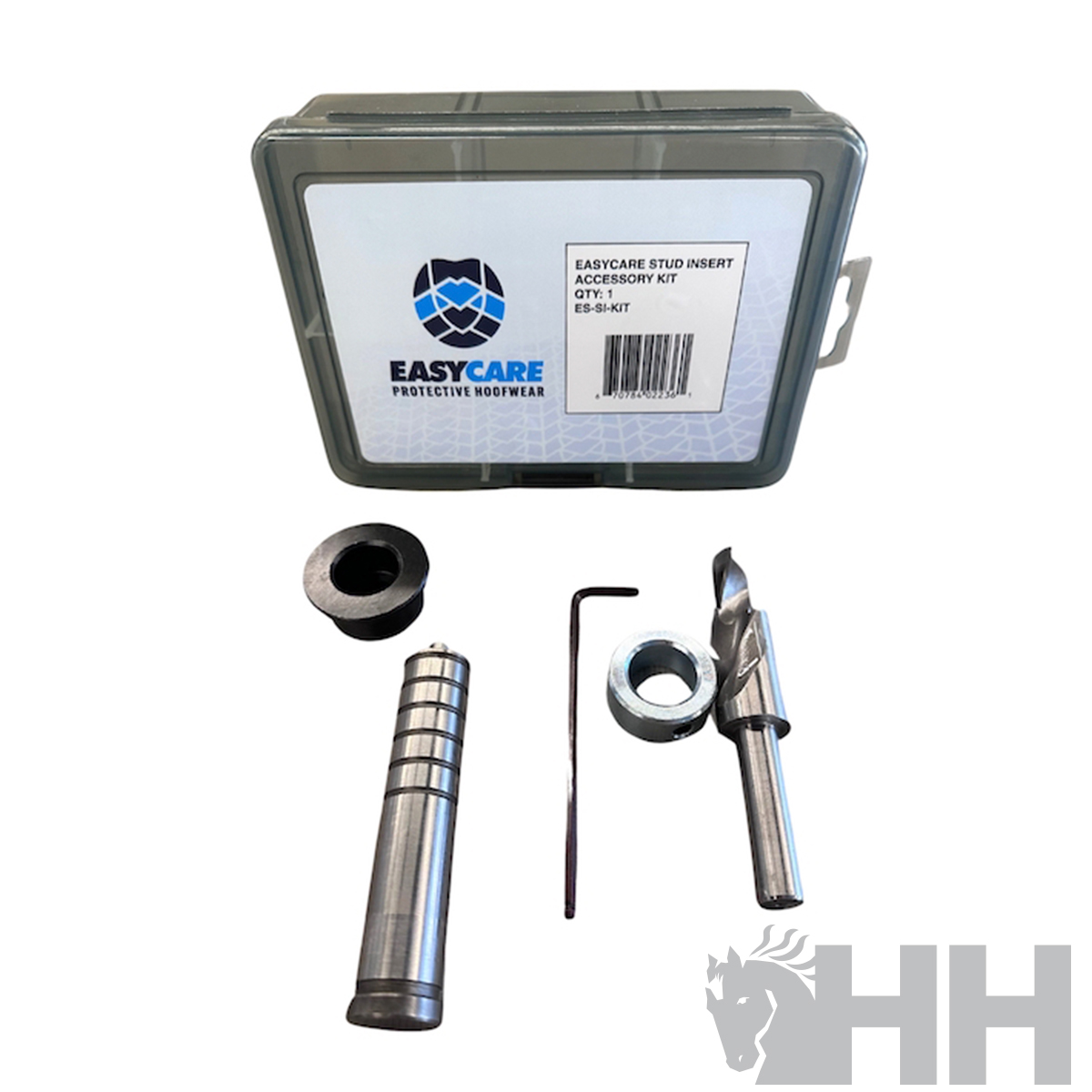 Conjunto EasyCare para inserção de cravos em ferraduras com peças metálicas e caixa plástica cinzenta.