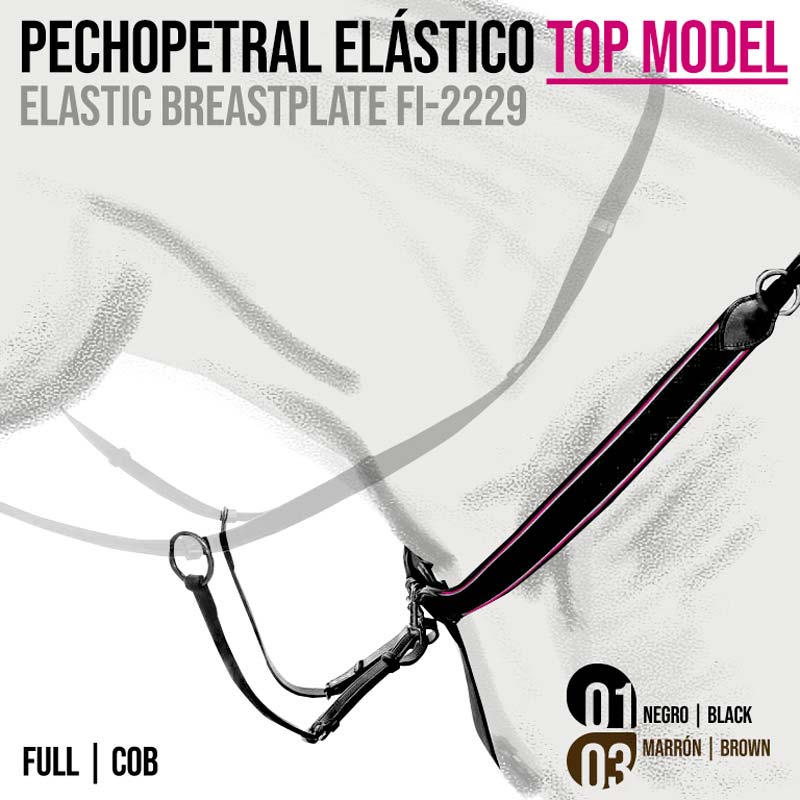 Pechopetral elástico para cavalo em preto e castanho com texto descritivo