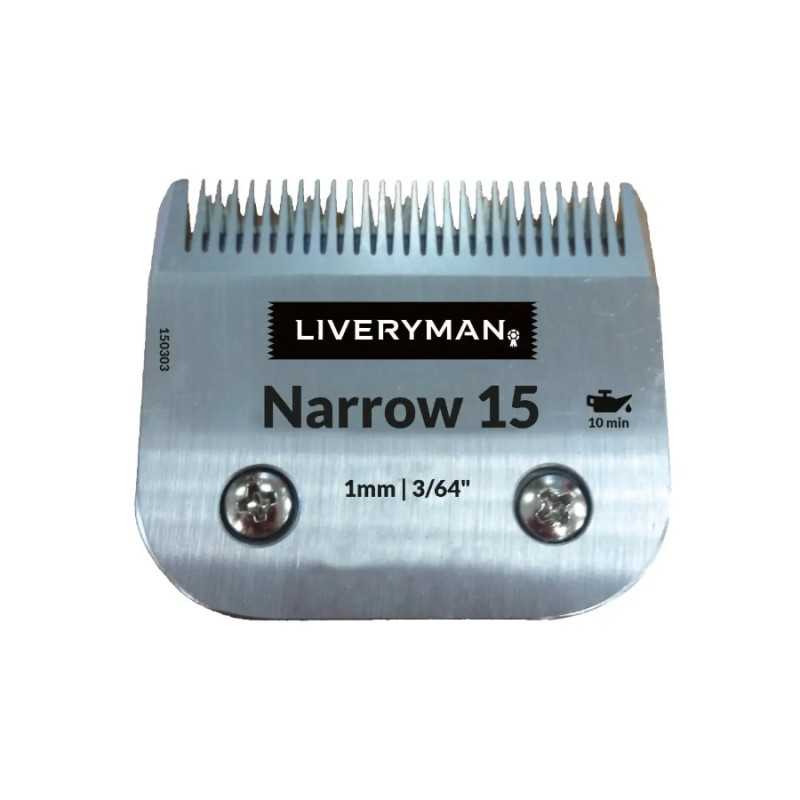 Lâmina metálica prateada para máquina de cortar cabelo com dentes finos e texto LIVERYMAN Narrow 15
