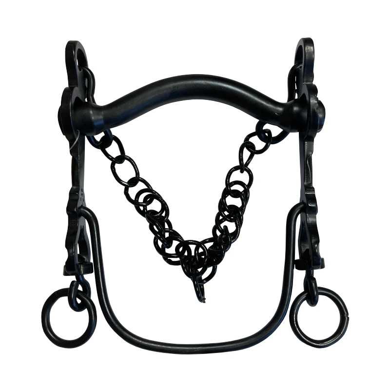 Freio de cavalo em metal preto com corrente