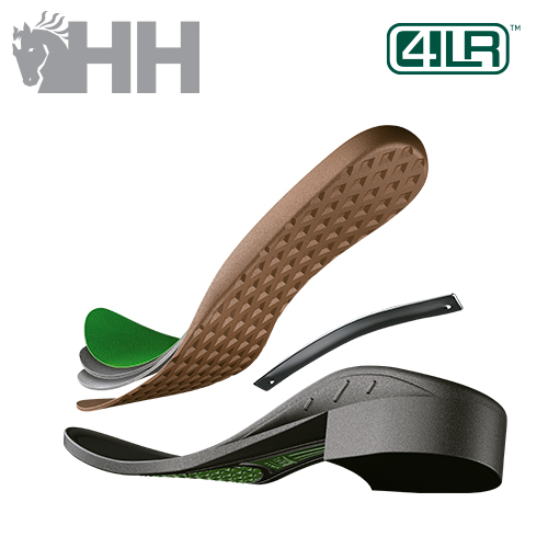 Palmilha ortopédica desconstituída em camadas com cores castanho, verde e preto