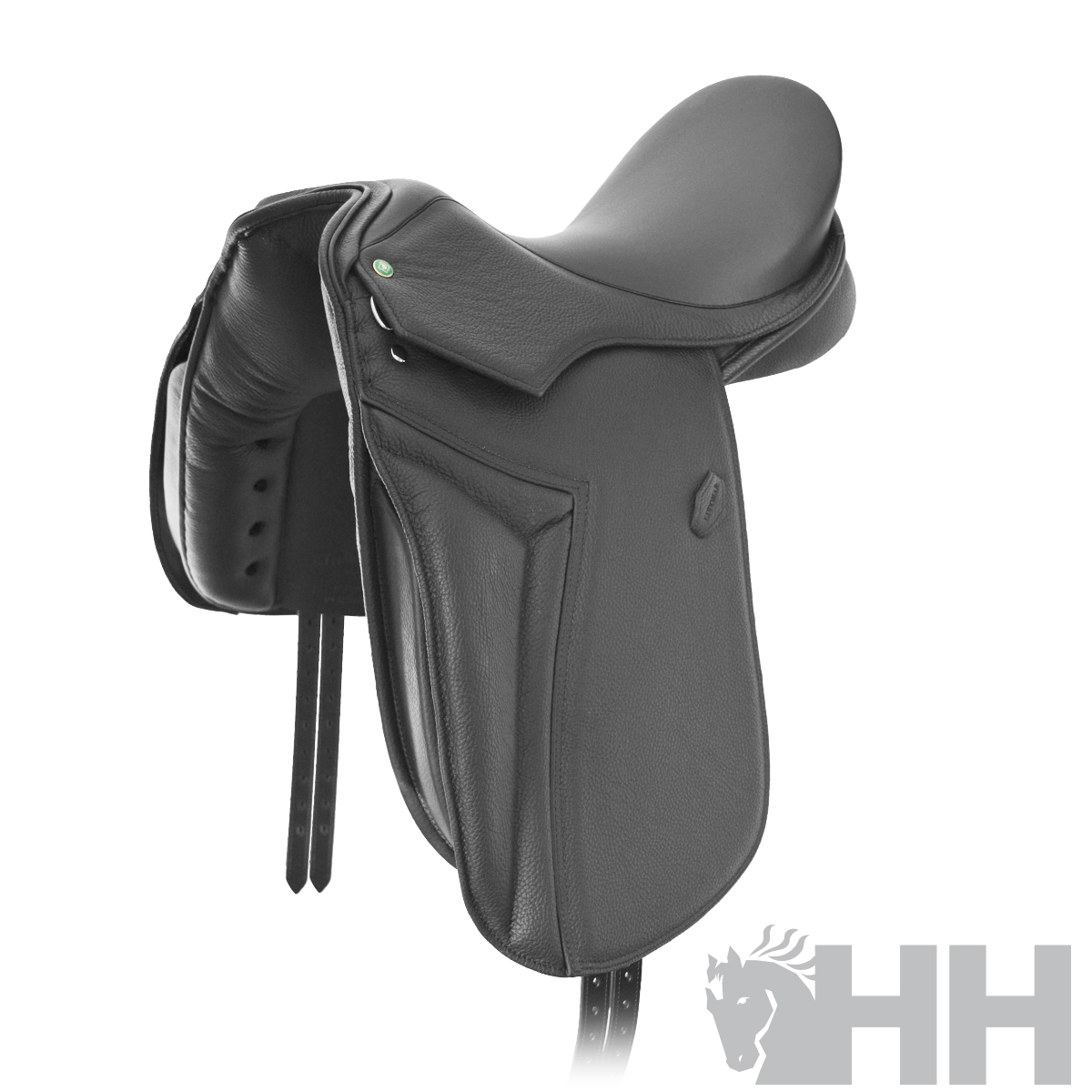 Sela de equitação preta com logótipo HH e textura rugosa
