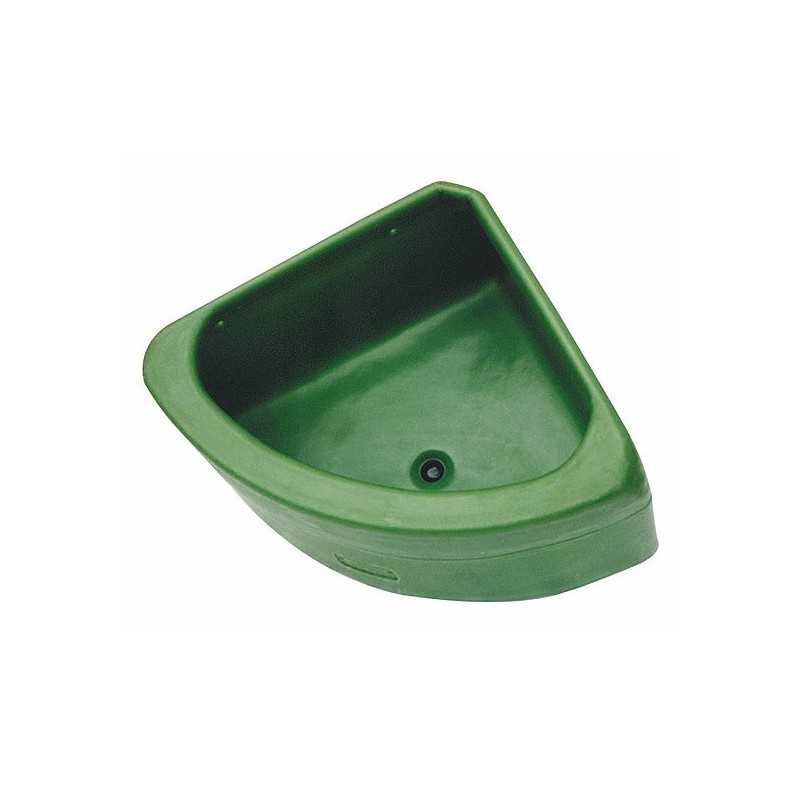 Comedouro de canto para animais verde de plástico com formato triangular.