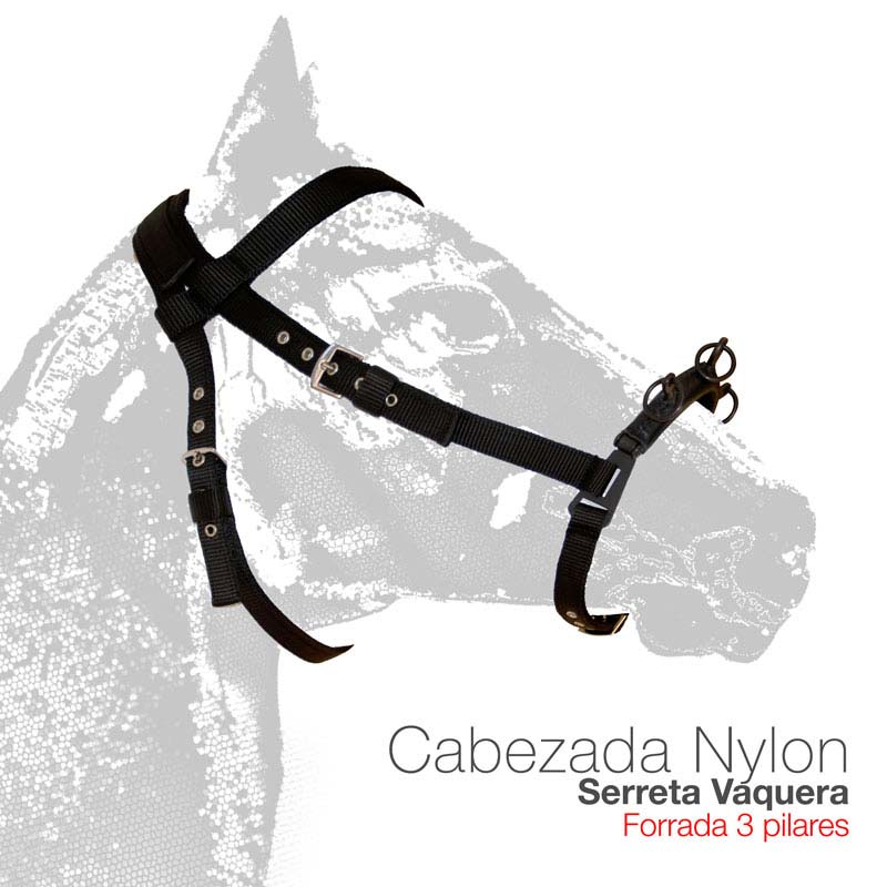 Cabeçada de nylon preta para cavalo com texto informativo