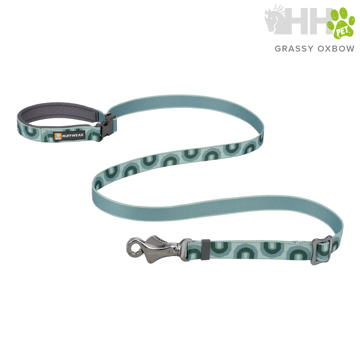 Trela para cão azul claro com padrão verde e fecho metálico