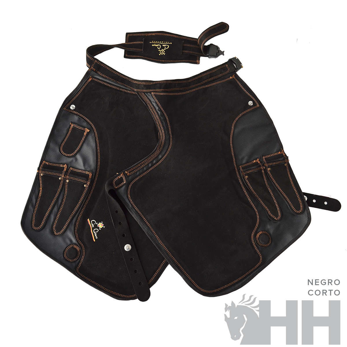 Aparelho de montar em couro preto com costuras laranja e logotipo HH negro curto