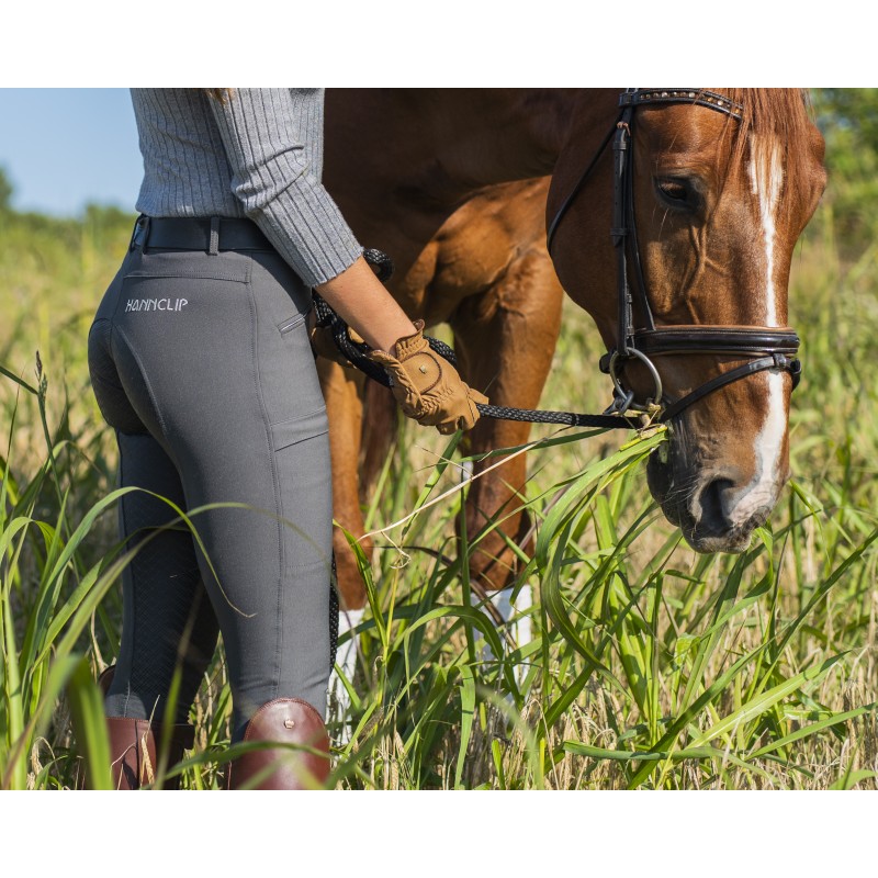 Pessoa com calças cinzentas NAVYCLIP a segurar rédeas de cavalo castanho no campo