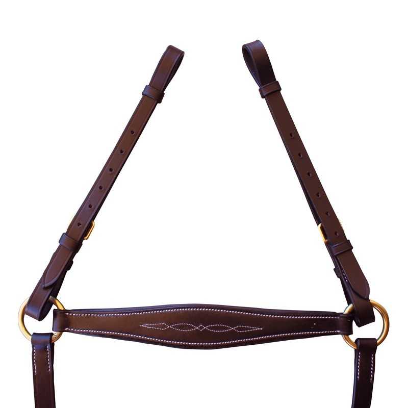 Cabresto de cavalo em couro castanho com costuras claras e fivela dourada