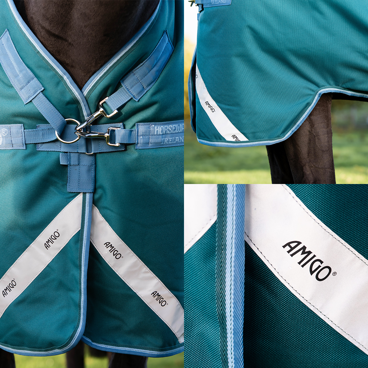 Manta azul petróleo para cavalo com detalhes brancos e marca AMIGO®