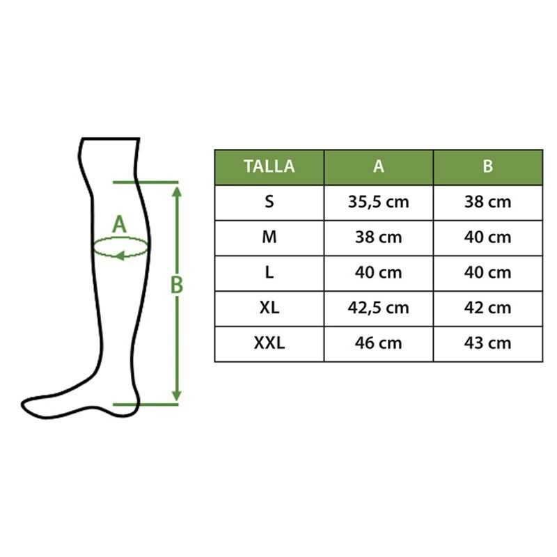 Gráfico de perna com medidas A e B e tabela de tamanhos com medidas em centímetros