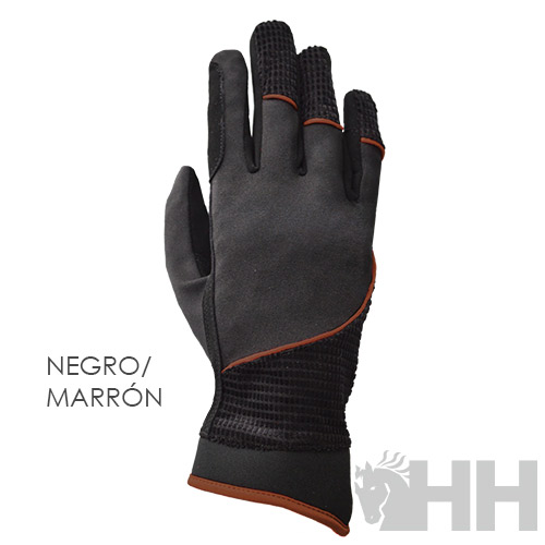 Luva preta com detalhes castanho e texto 'NEGRO/MARRÓN'