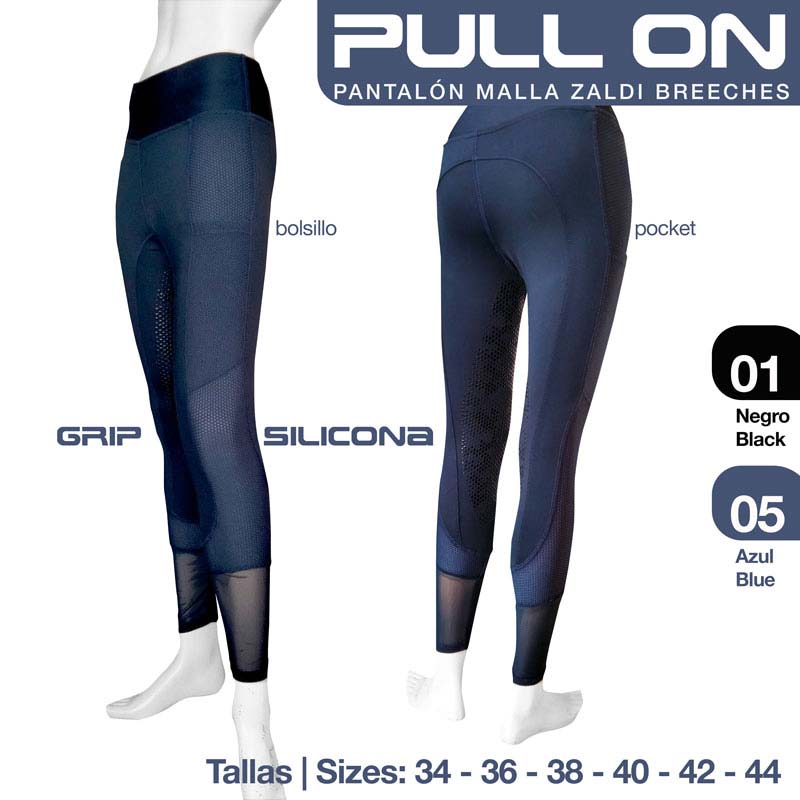 Calças leggings pretas de malha com silicone e bolso apresentadas em manequins